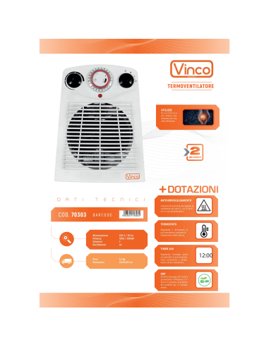 TERMOVENTILATORE 2 KILOWATT PER BAGNO O SCALDABAGNO - VINCO