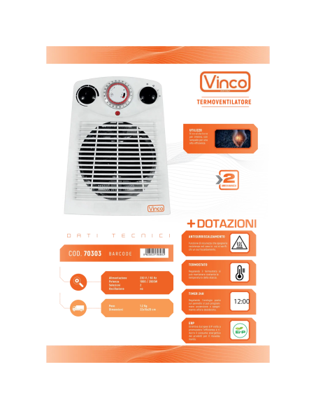 TERMOVENTILATORE 2 KILOWATT PER BAGNO O SCALDABAGNO - VINCO