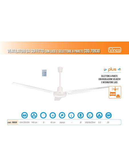 VENTILATORE DA SOFFITTO 3 PALE 5 VELOCITÀ - VINCO
